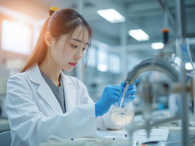 水廠實驗室水質化驗人員正在進行飲用水水質分析測定